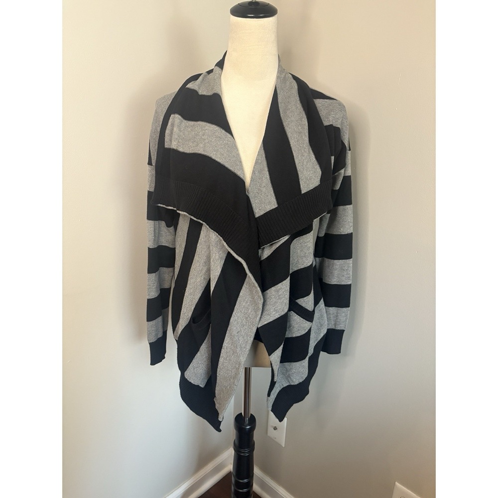 Shae Cotton & Cashmere Cardigan Sweater Black Gray Striped Shawl Collar Medium